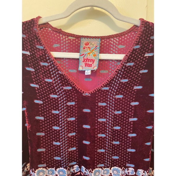 Johnny Was Size M Floral Velvet Burnout V-Neck Tunic Top Burgundy Silk Blend - Picture 3 of 9